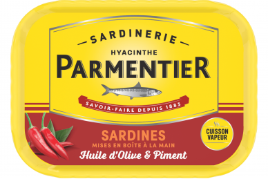 Konservai-Konservuotos sardinės PARMENTIER pirmojo spaudimo alyvuogių aliejuje su čili pipirais 135g